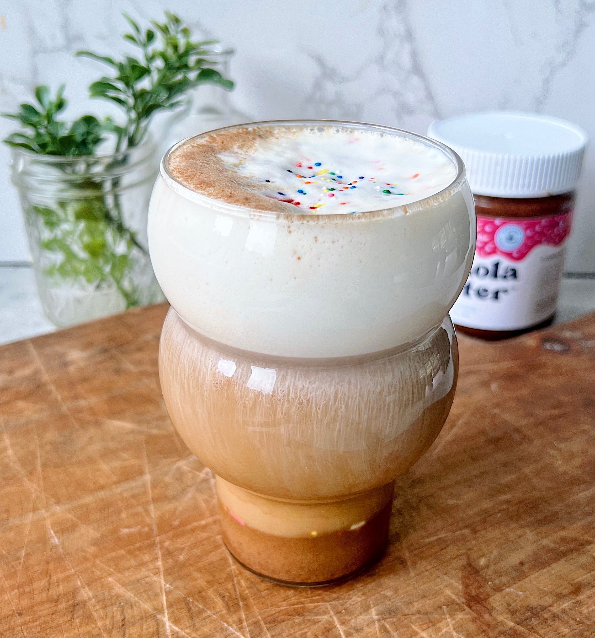 Chocolate Birthday Cake Granola Butter Latte (Vegan, NutFree, DairyF