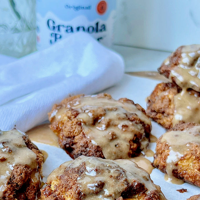 Air Fryer Apple Fritters w/ Granola Butter Glaze (Nut-Free, Veg)