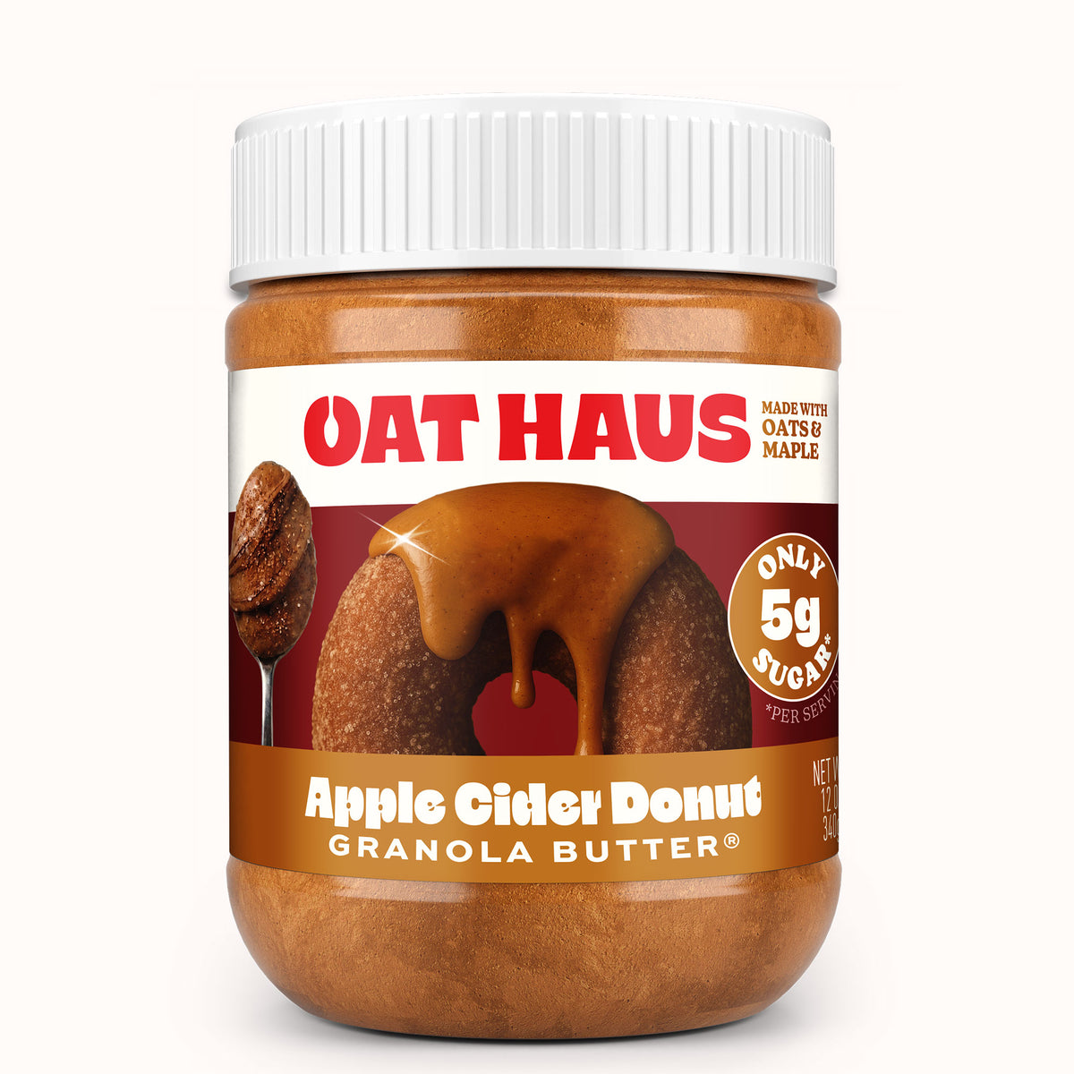 Jar of Oat Haus Apple Cider Donut Granola Butter on a white background