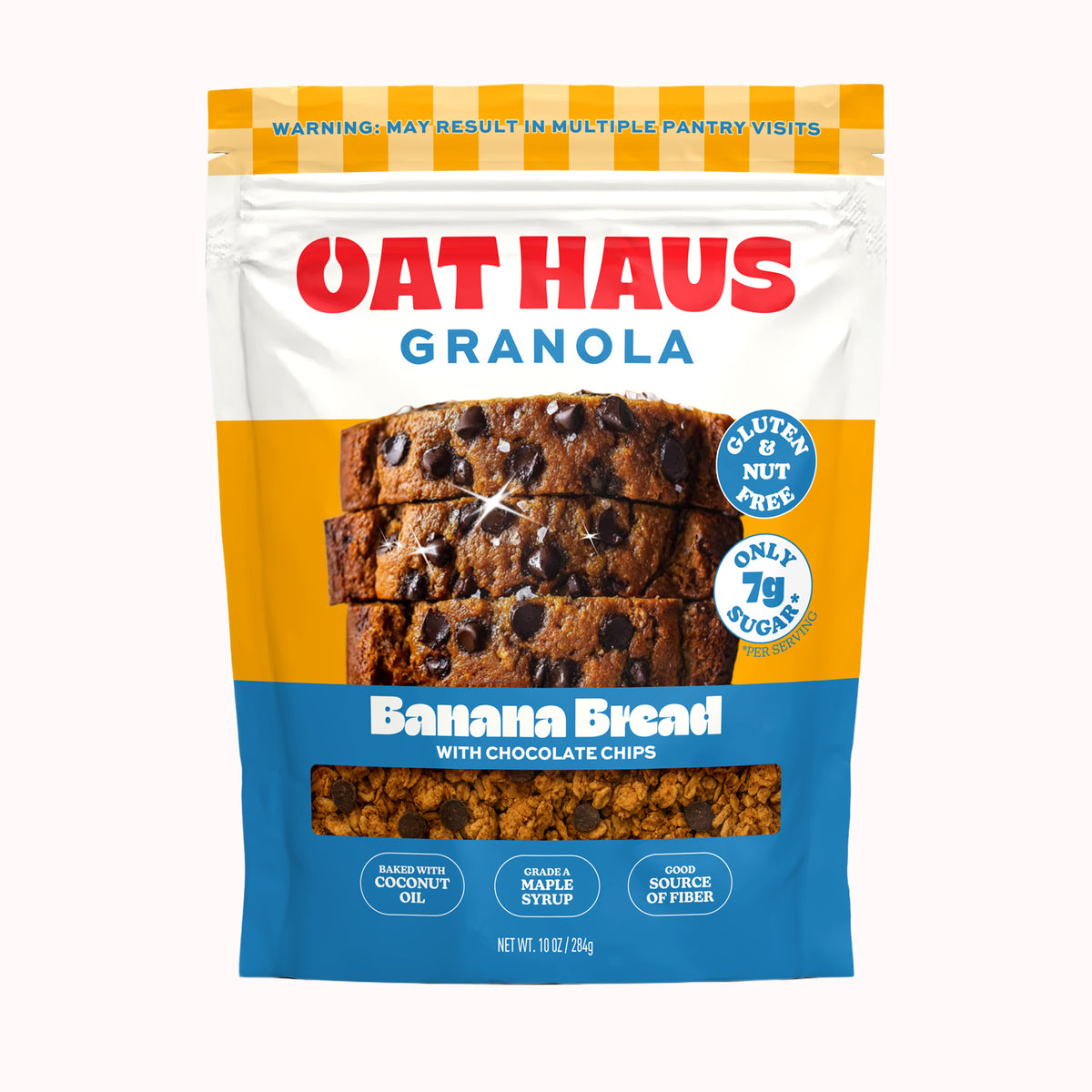 Oat Haus Granola Banana Bread with Chocolate Chips in a 10 oz stand-up pouch. The packaging features a white top section with orange stripes, a large red 'OAT HAUS' logo, a blue 'GRANOLA' text, a photo of banana bread slices, and a blue bottom section with product feature icons.