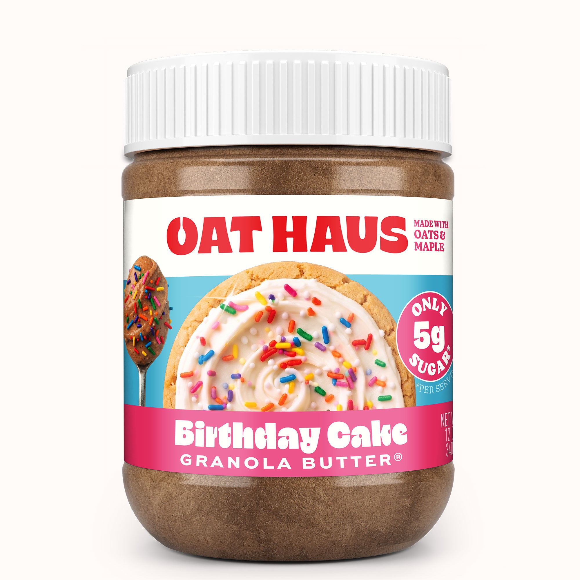 Jar of Oat Haus Birthday Cake Granola Butter with colorful label