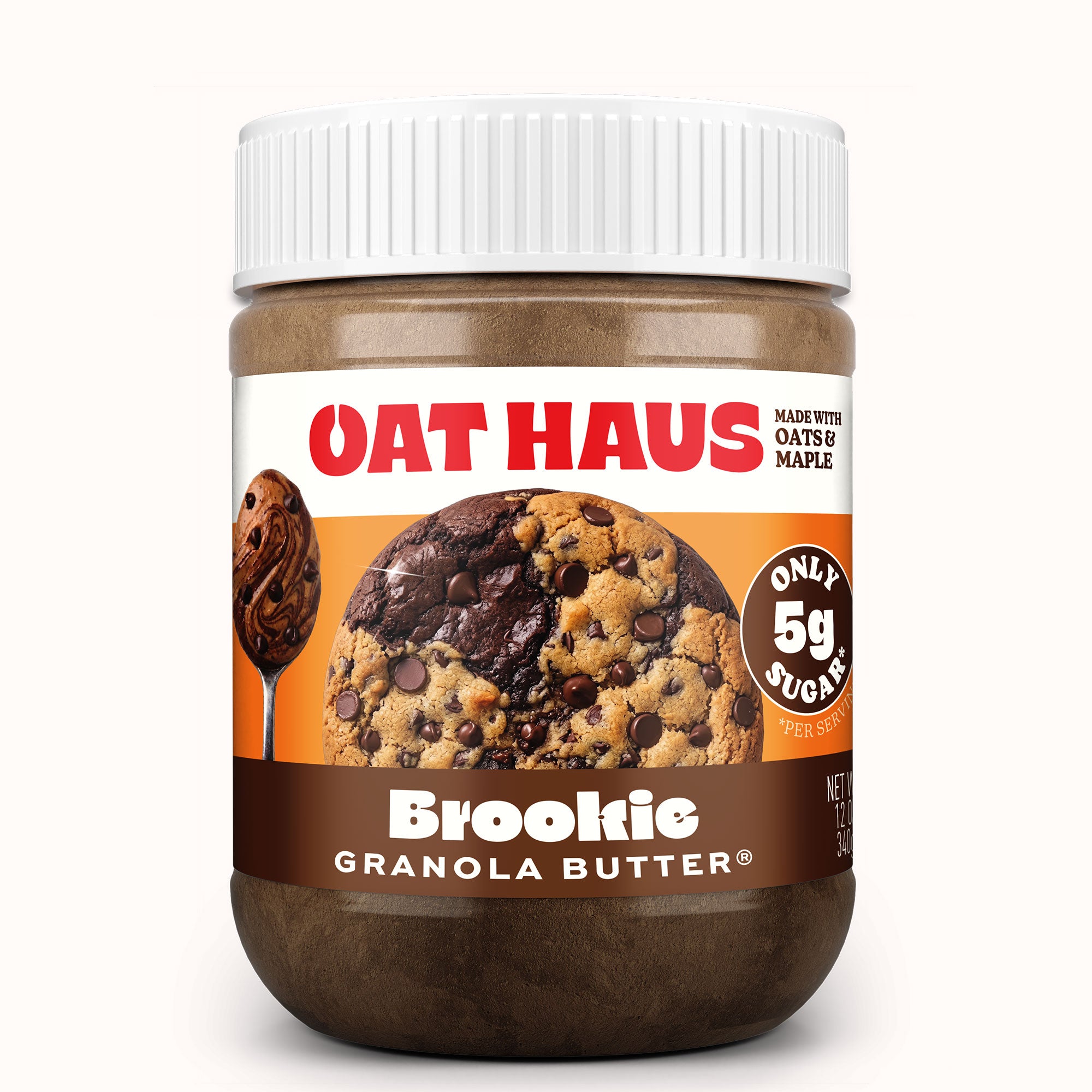 Jar of Oat Haus Brookie Granola Butter with a white lid on a white background