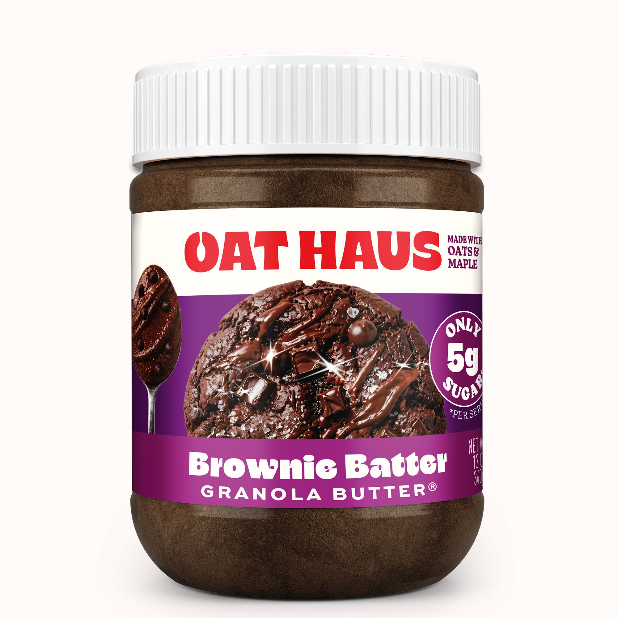Jar of Oat Haus Brownie Batter Granola Butter on a white background