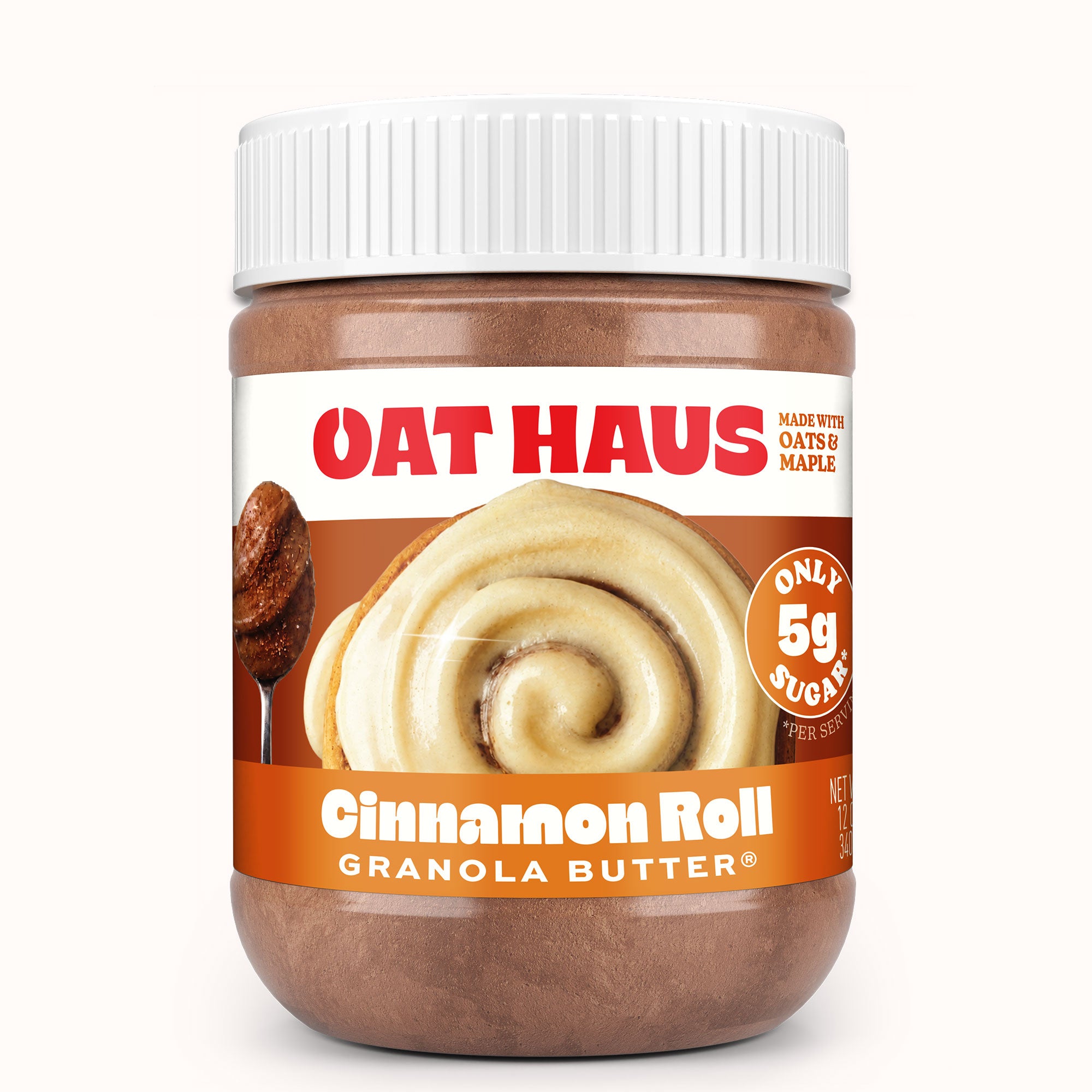 Jar of Oat Haus Cinnamon Roll Granola Butter on a white background