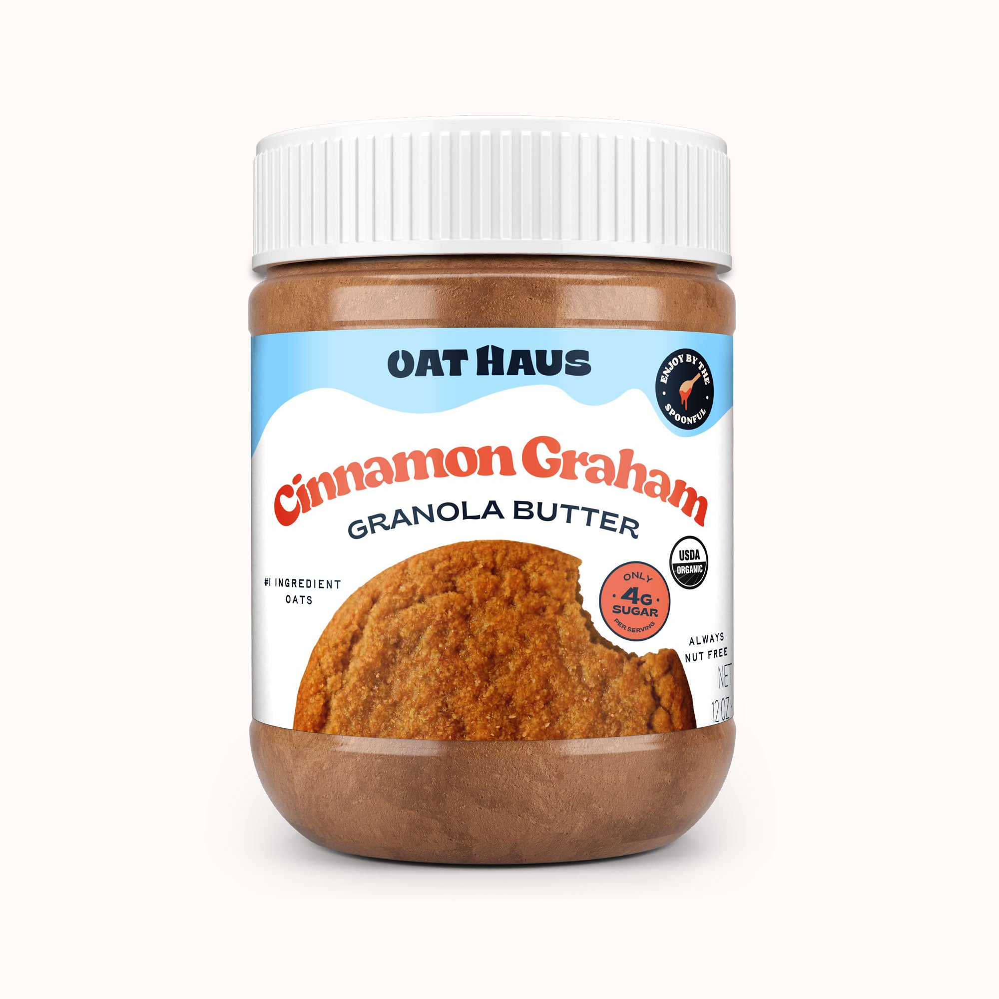 Jar of Oat Haus Cinnamon Graham Granola Butter on a white background