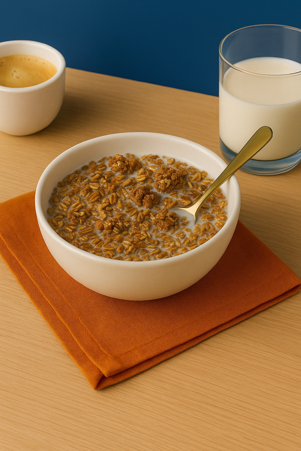Bowl of cereal with milk on an orange napkin, next to a glass of milk and a cup of coffee on a wooden table with a dark blue background. 