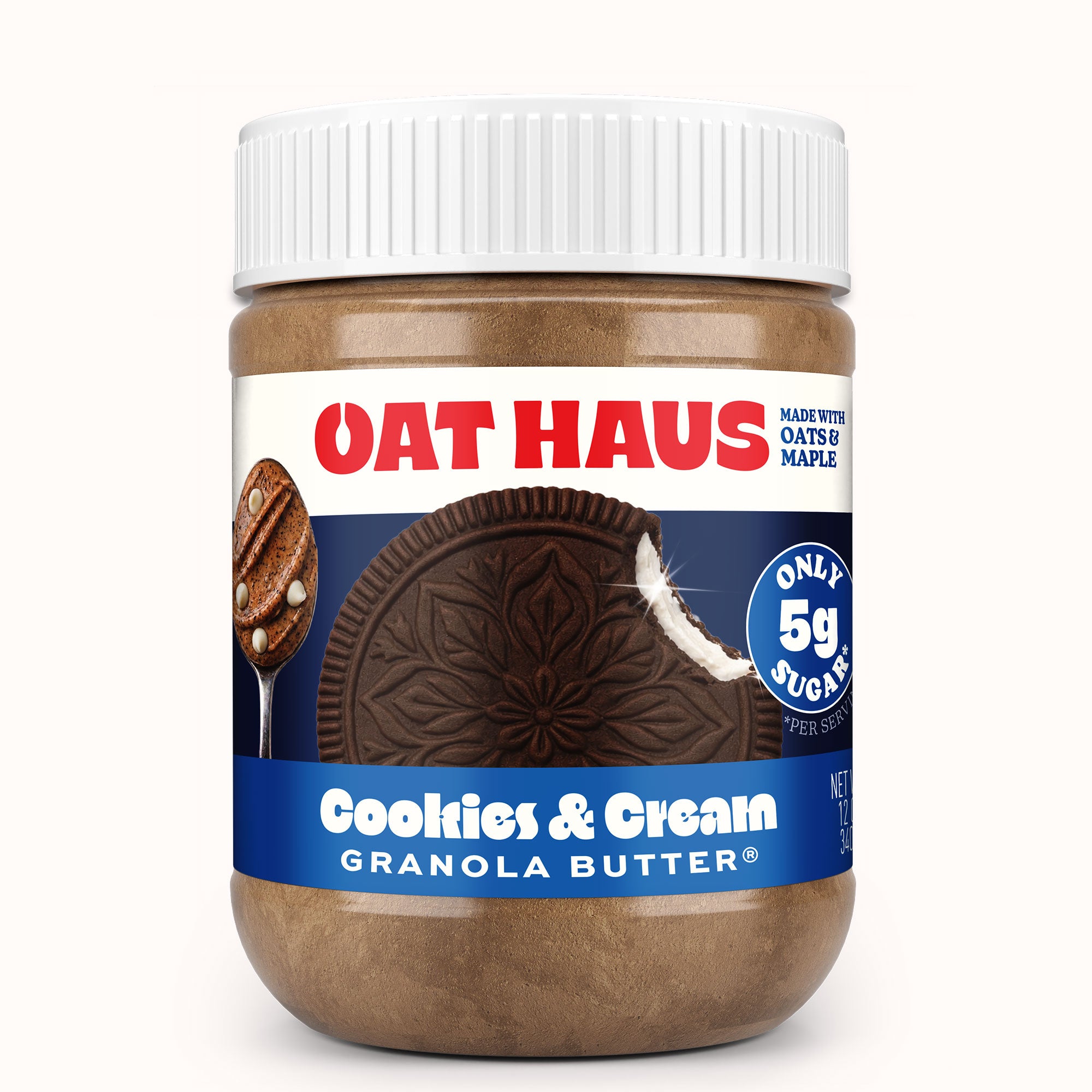 Jar of Oat Haus Cookies & Cream Granola Butter on a white background