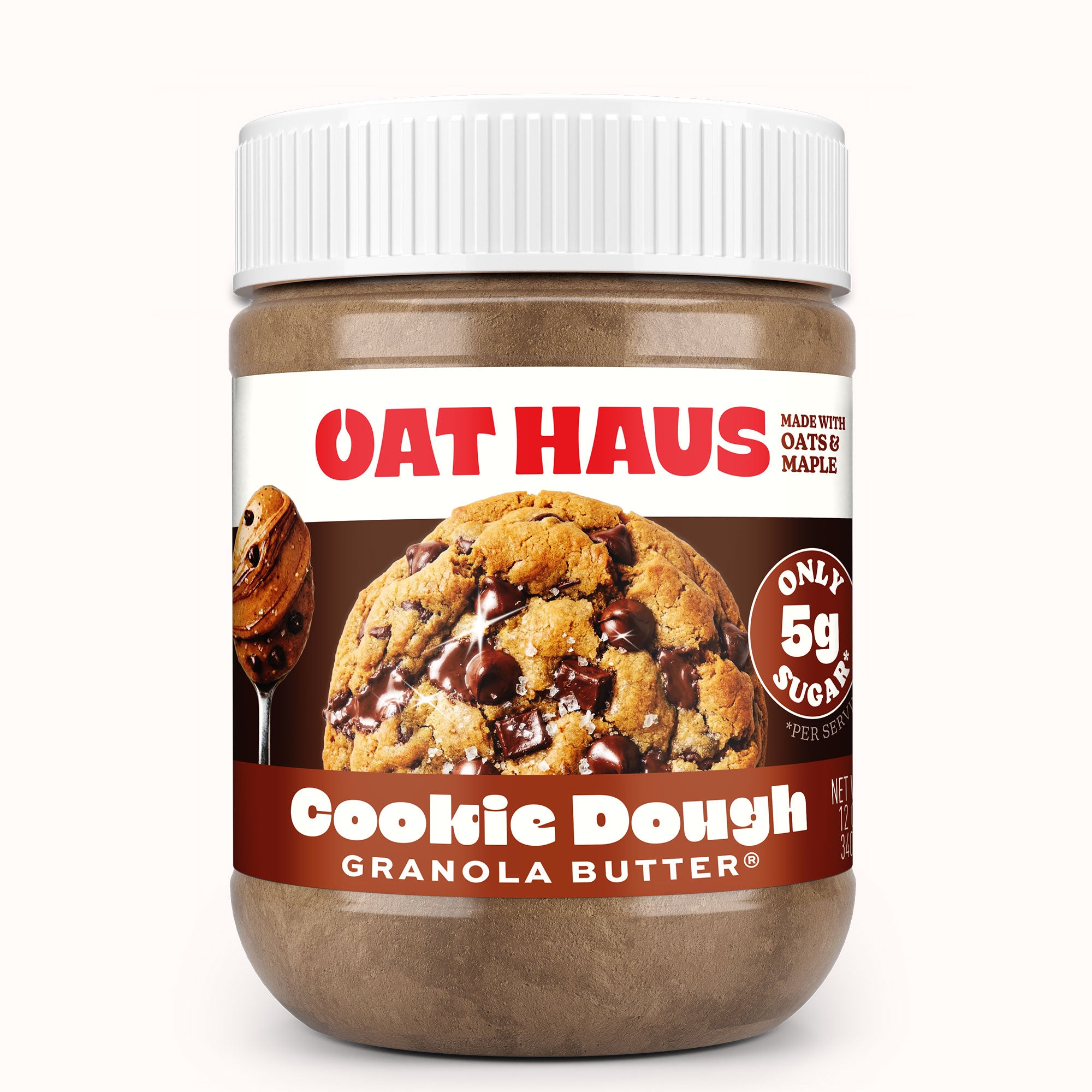 Jar of Oat Haus Cookie Dough Granola Butter with a white lid on a white background