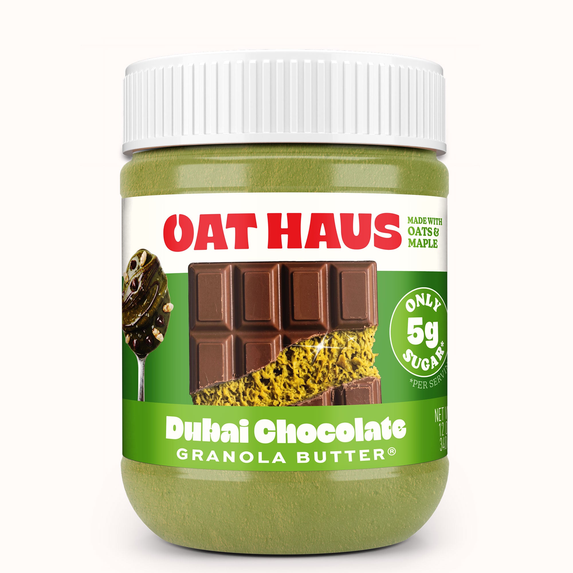 Jar of Oat Haus Dubai Chocolate Granola Butter with a white lid on a white background