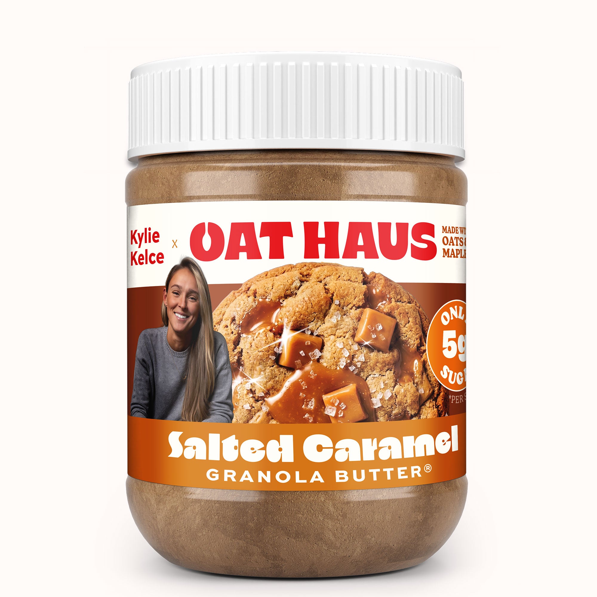 Jar of Oat Haus Salted Caramel Granola Butter with an image of flavor collaborator Kylie Kelce