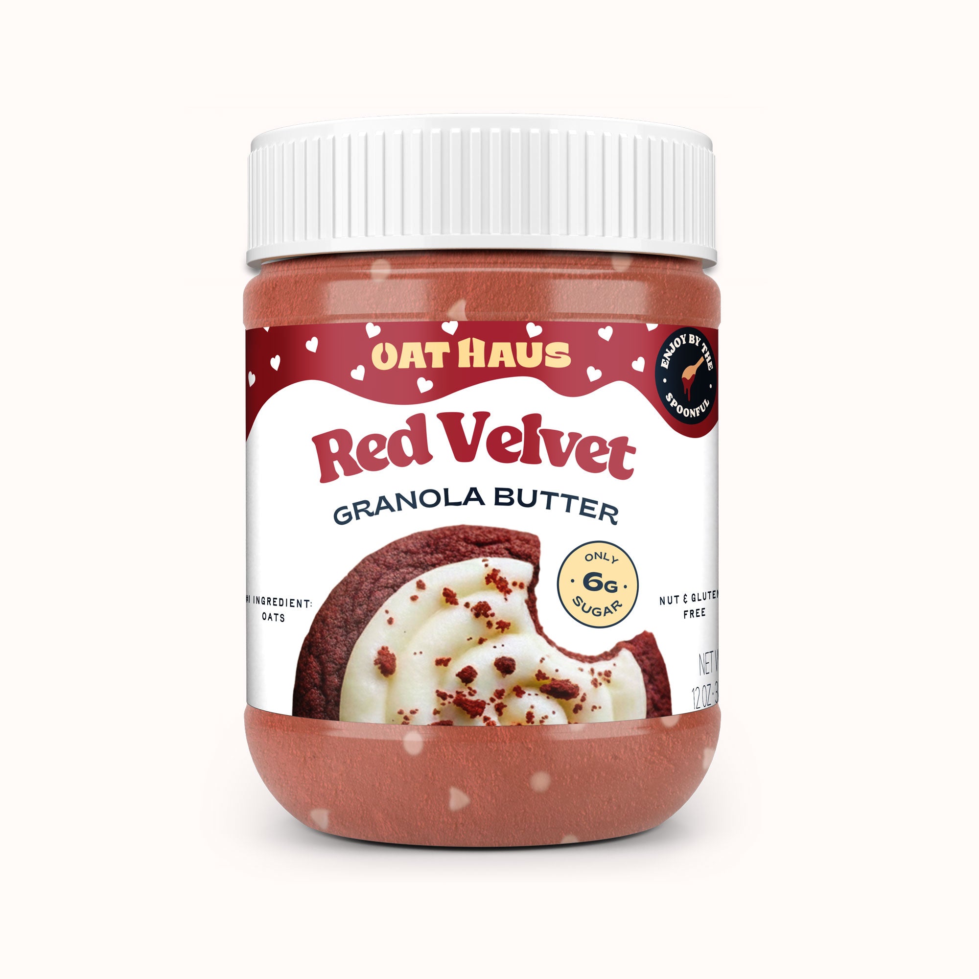 Jar of Oat Haus Red Velvet Granola Butter on a white background
