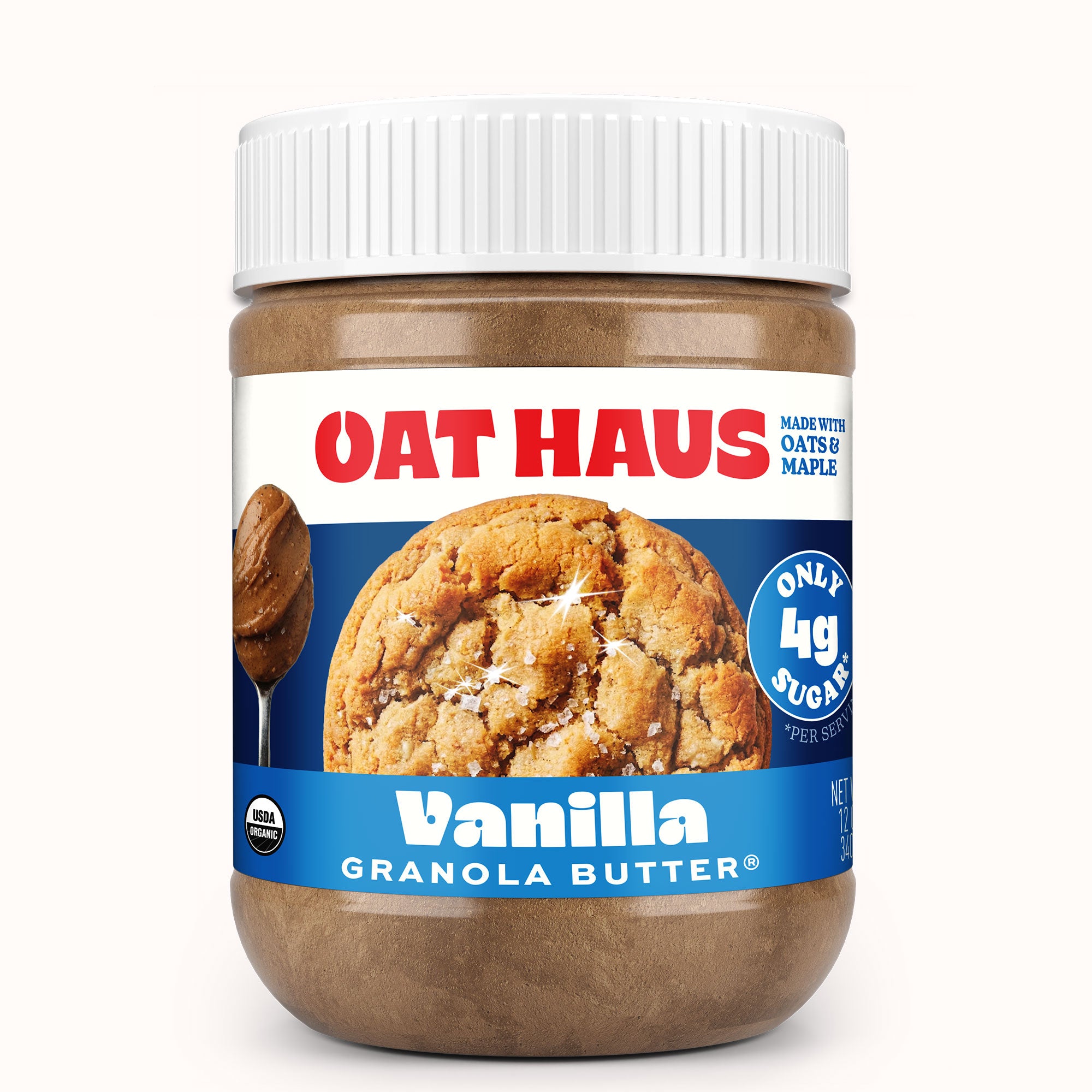 A jar of Oat Haus Vanilla Granola Butter on a clean white background. The product features a white ribbed cap and a label with red and blue text, showing a vanilla cookie and a spoon of the brown granola butter inside.