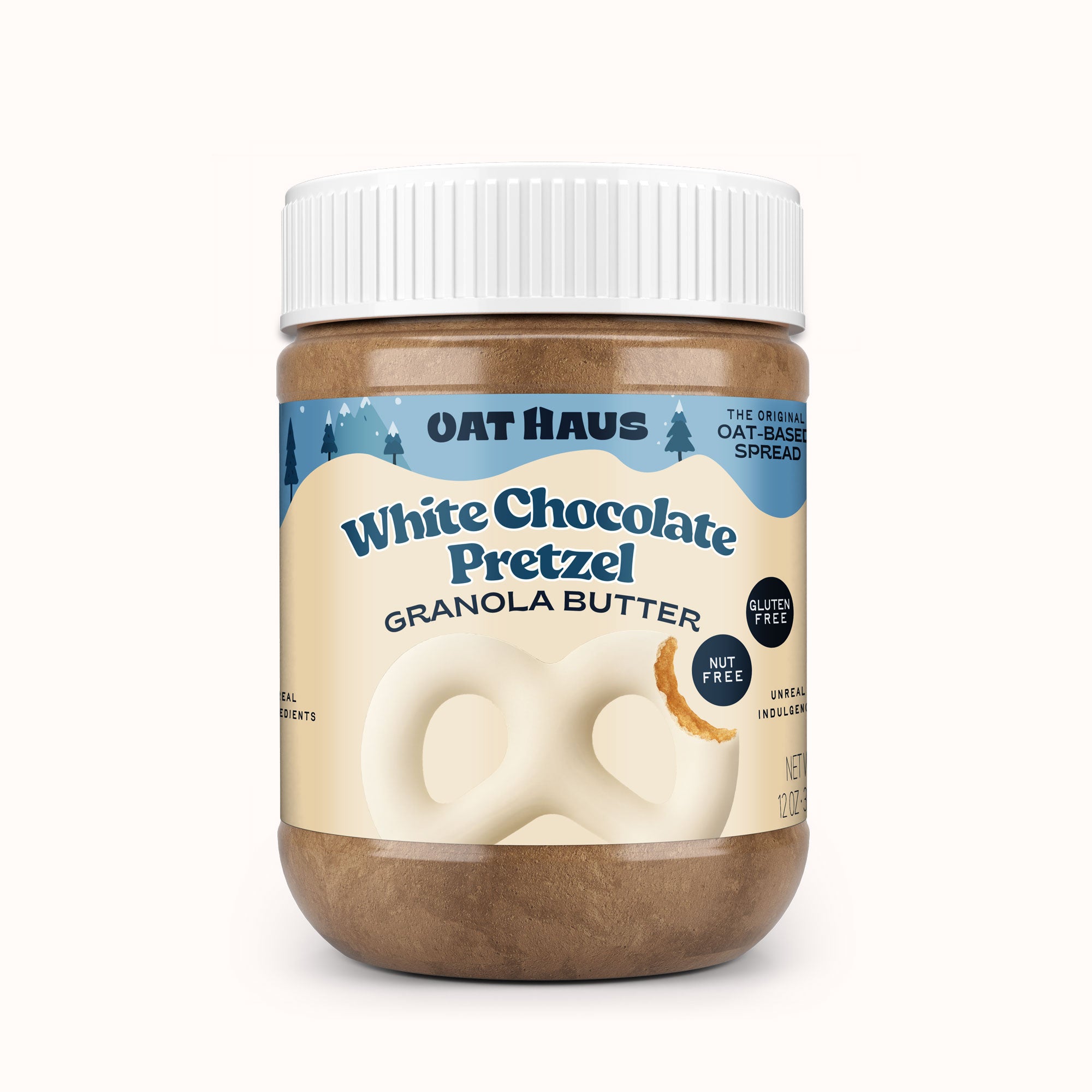 Jar of Oat Haus White Chocolate Pretzel Granola Butter on a white background